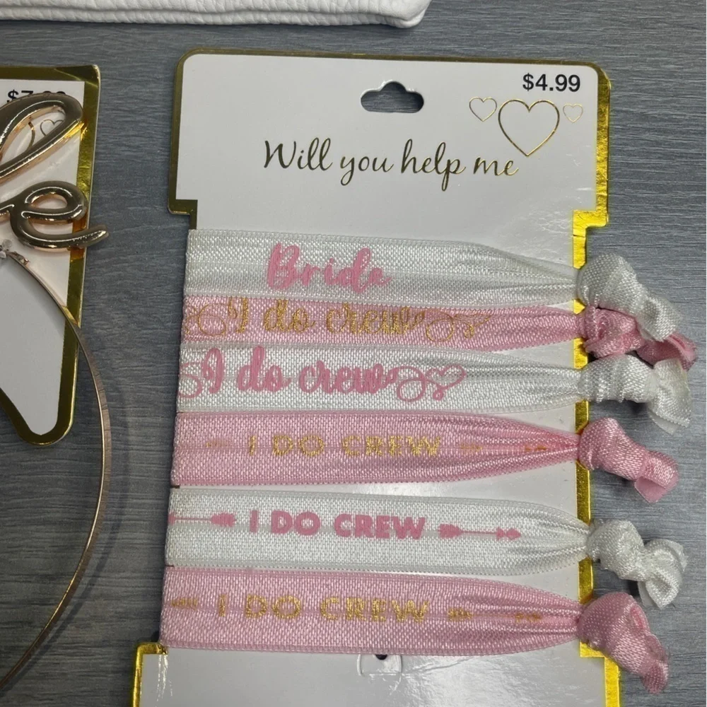 Bridal Gold Headpiece, 6pc Hair Ties, Bride Tribe Pouch with Scrunchie